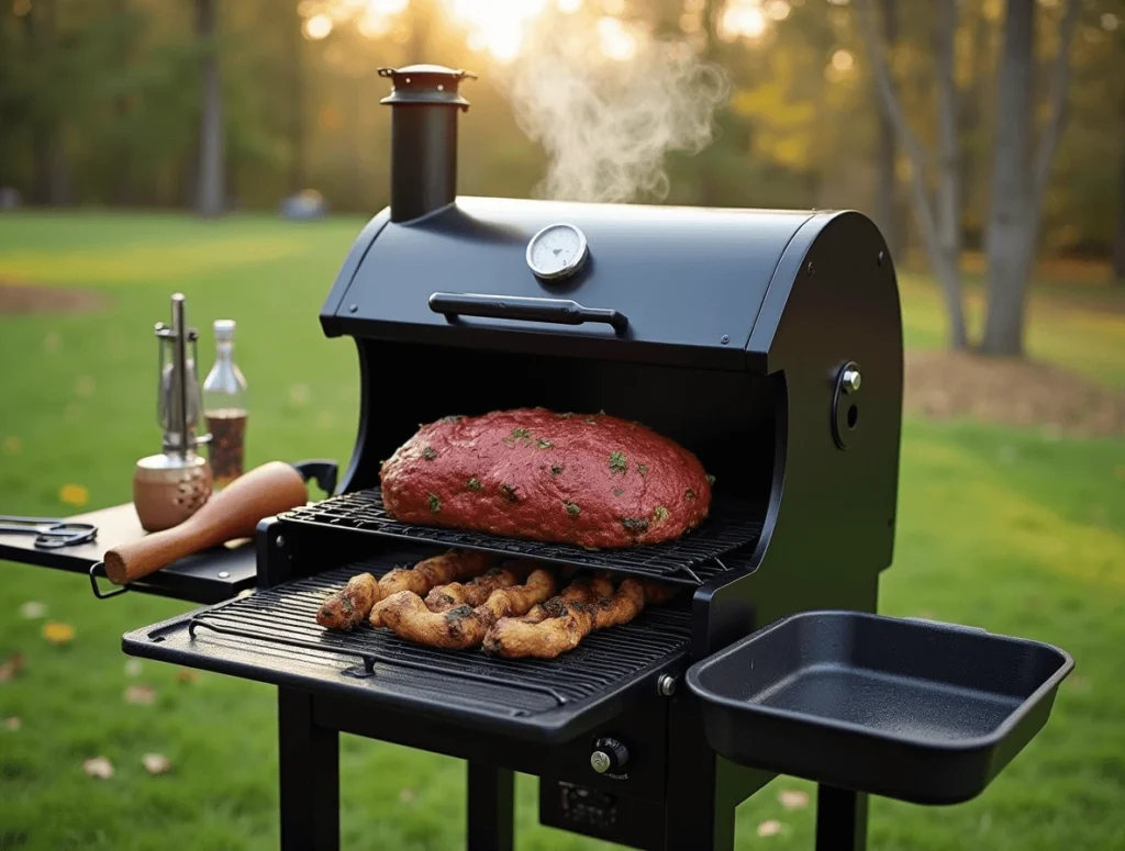 Setting up a pellet grill with wood chips and preheating for smoking meatloaf.