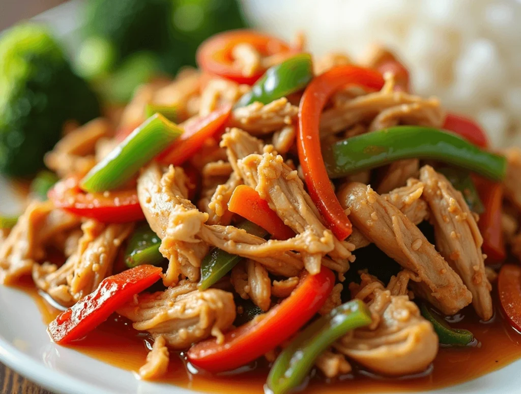 Leftover rotisserie chicken recipes stir fry with fresh vegetables and a light soy sauce glaze.