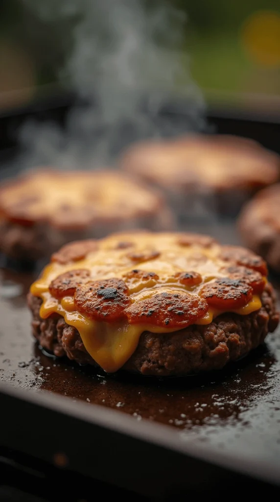 Juicy smash burgers cooking on a griddle, with melted cheese and crispy edges.