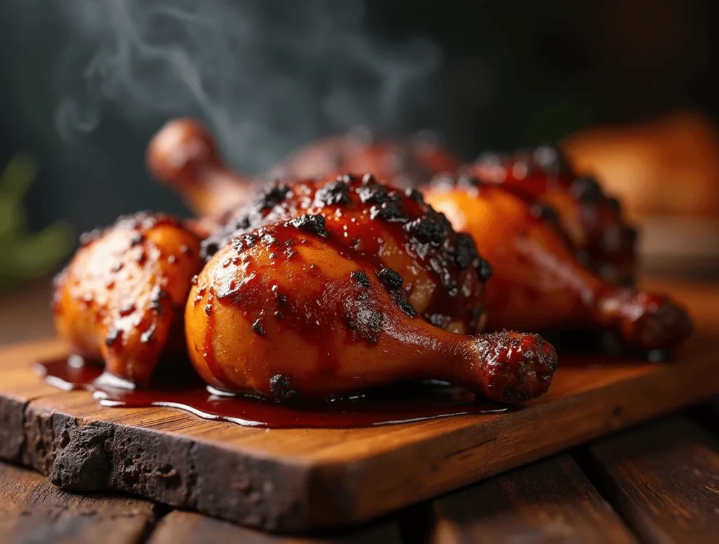 Smoked BBQ chicken on a wooden platter, glazed with barbecue sauce and garnished with fresh herbs.