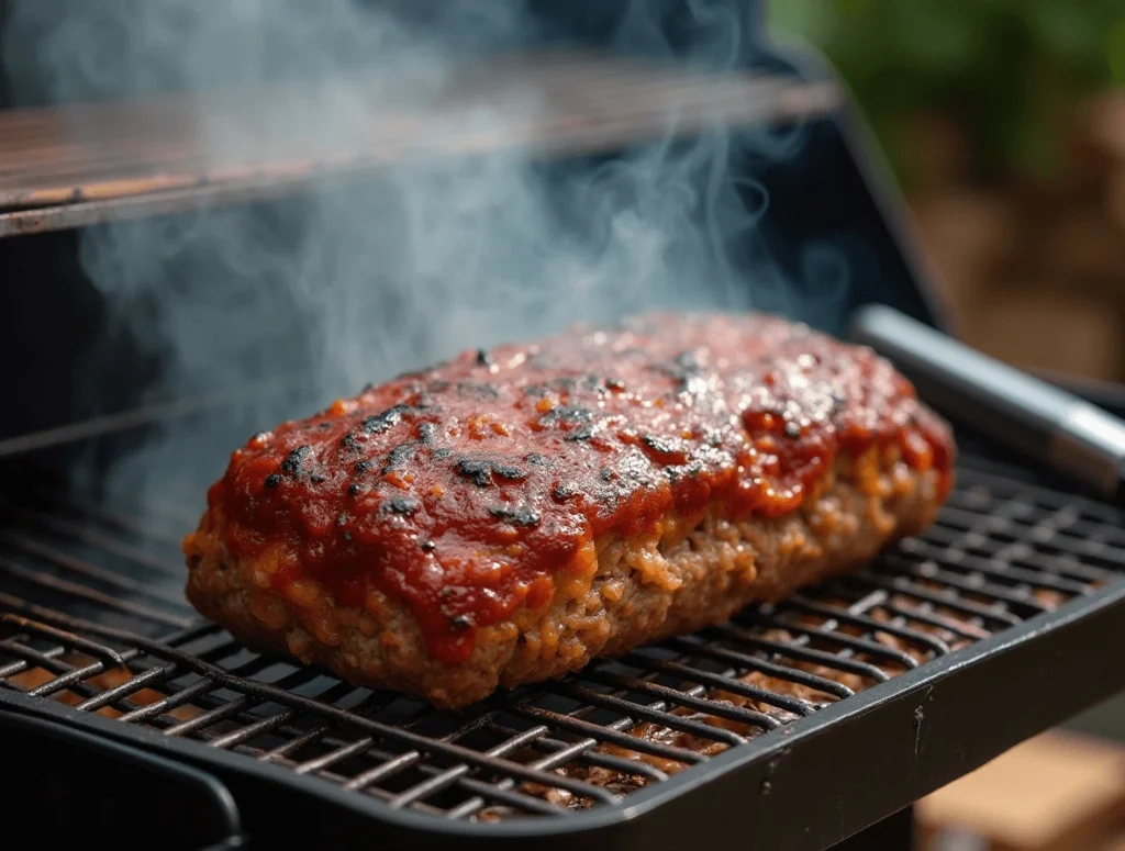 Smoked meatloaf on the grill with smoke rising and a golden-brown glaze on top.