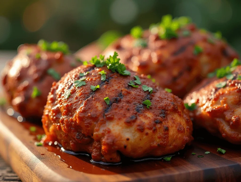 Spicy Traeger chicken thighs with a crispy char, served on a wooden board with chili flakes and fresh herbs