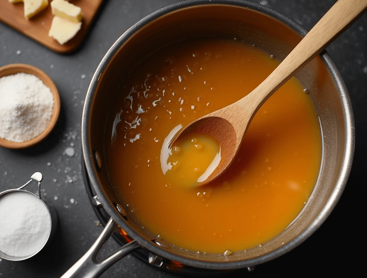 Melted sugar and water creating a golden caramel layer for flan.