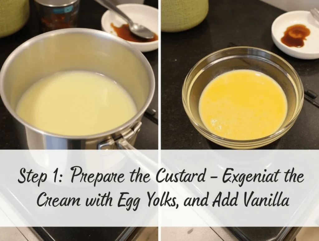 Heating heavy cream in a saucepan and whisking it into a mixture of egg yolks, sugar, and vanilla to prepare the crème brûlée custard.