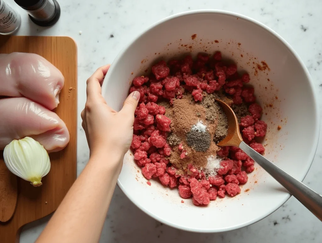 Cooking ground beef for burger bowl, seasoned and sizzling in a skillet.