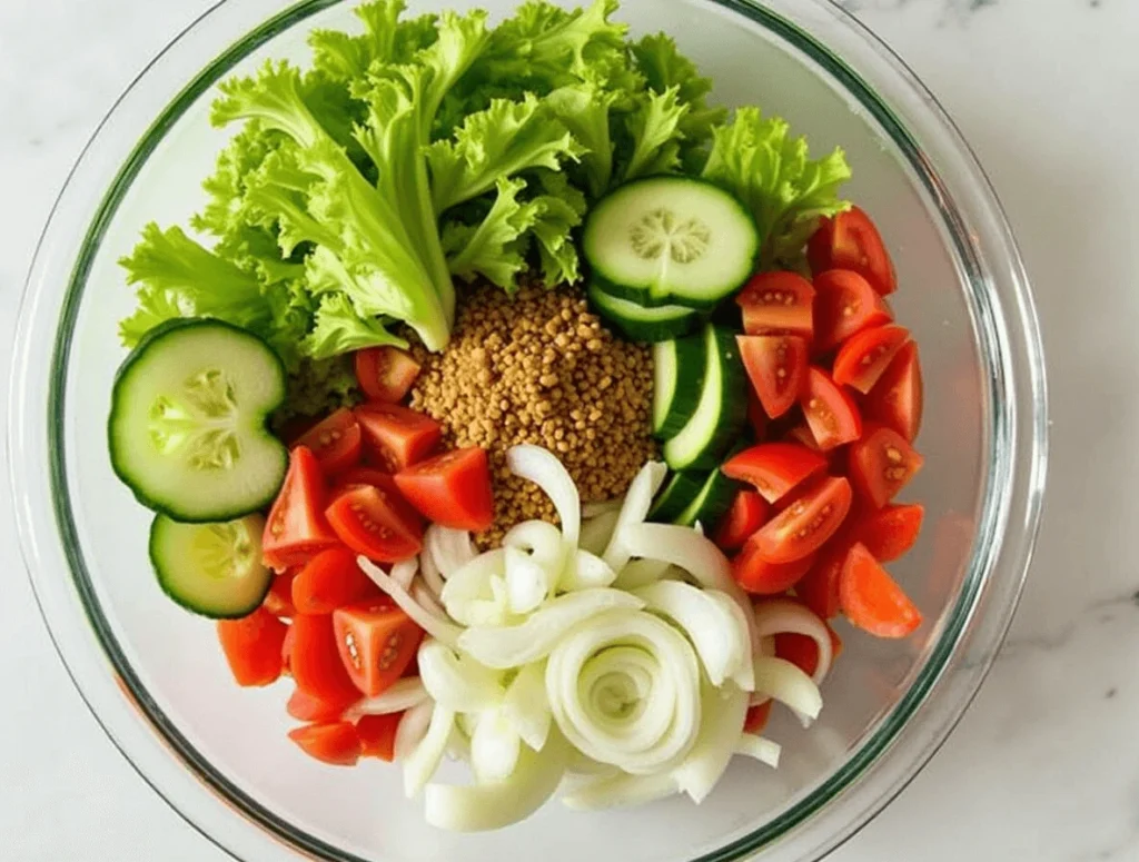 Fresh vegetables being assembled for a burger bowl, including lettuce, tomatoes, onions, and cucumbers.