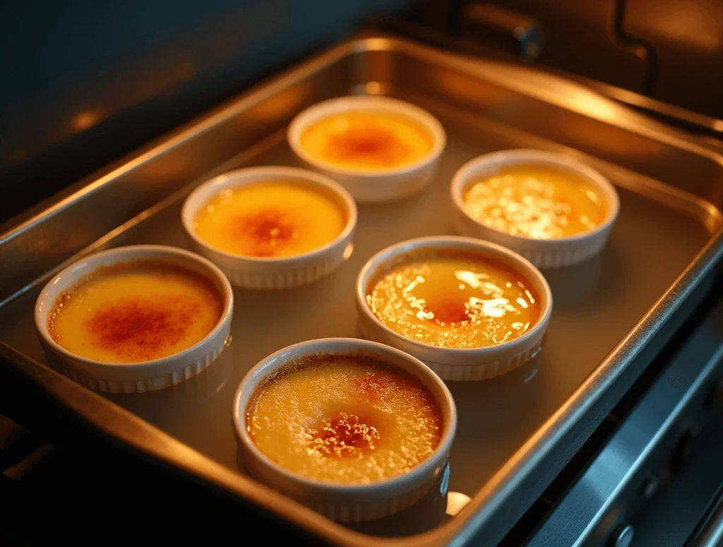 Crème brûlée ramekins placed in a baking dish filled with hot water, ensuring even cooking for a smooth and creamy texture.