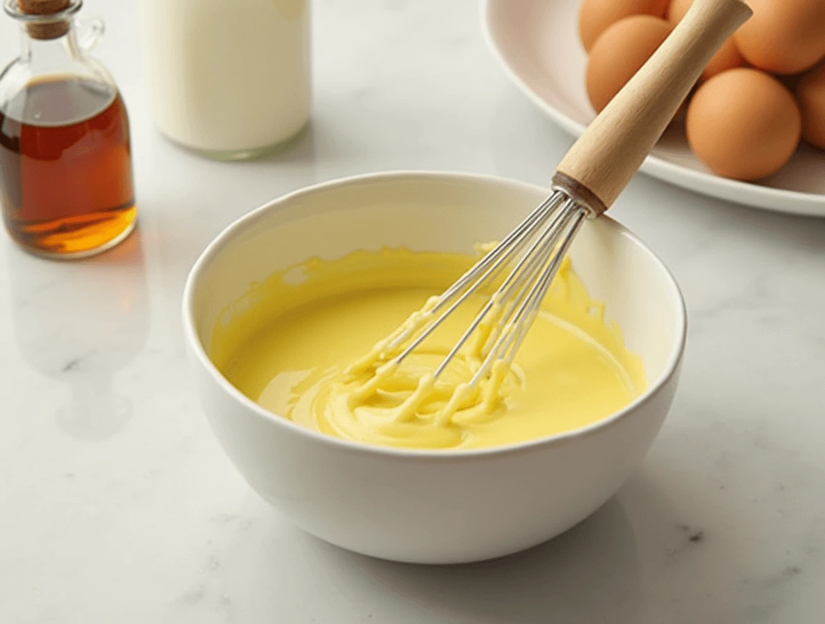 Whisking eggs, vanilla extract, and milk to create a smooth custard mixture for flan.