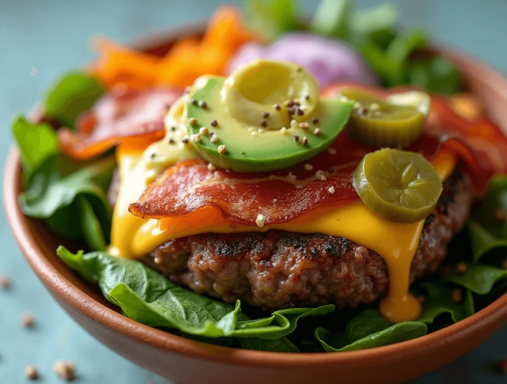 Adding toppings to a burger bowl, including cheese, avocado, pickles, and crispy bacon.