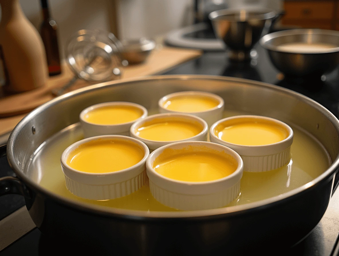 Flan mixture poured into ramekins and placed in a water bath for baking.