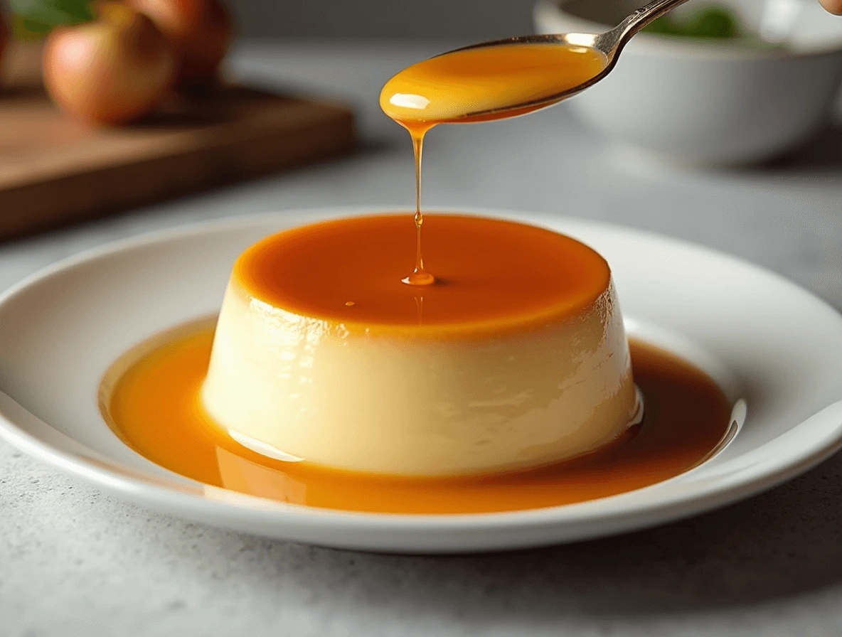 Chilled flan in ramekin, ready to be flipped to reveal the caramel topping.