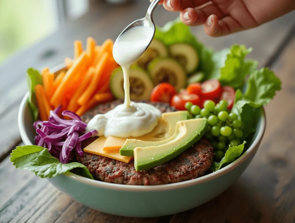 Burger bowl with fresh vegetables, burger patty, and toppings drizzled with creamy dressing.