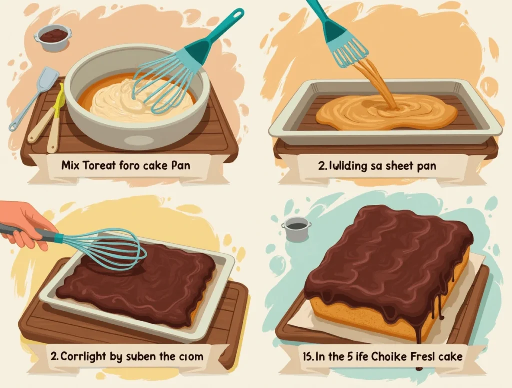 Step-by-step guide to making Texas sheet cake, showing cake batter in mixing bowl and frosting preparation.