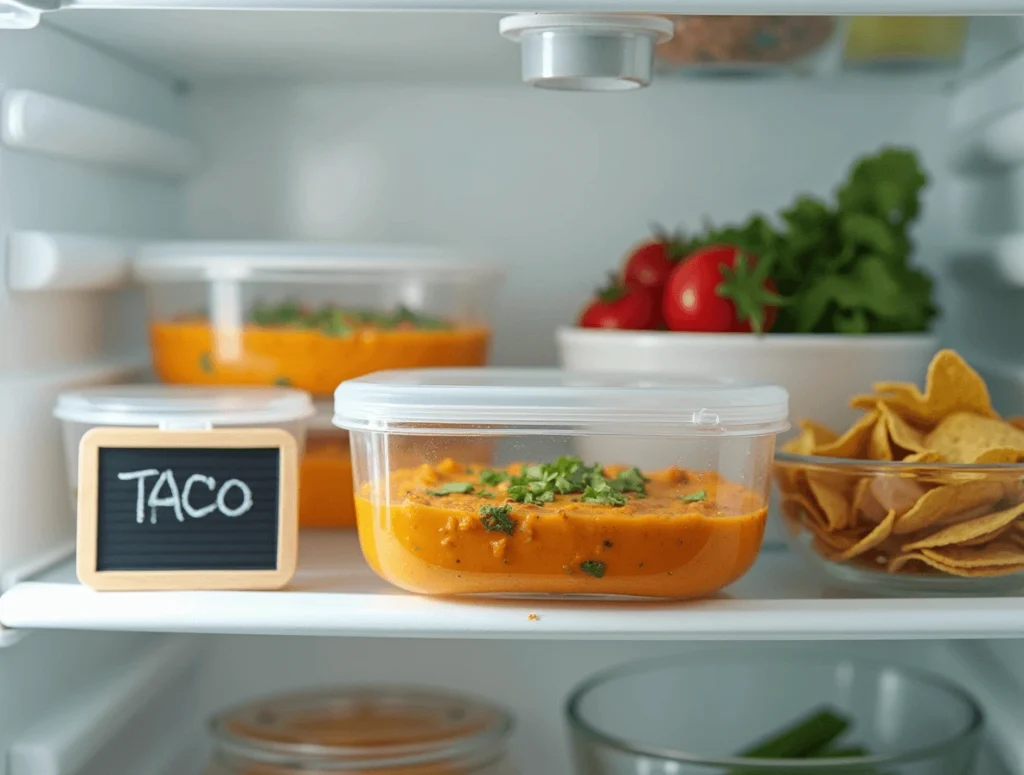 Clear glass food storage container with taco dip, sealed with a lid, placed in a refrigerator next to other fresh ingredients