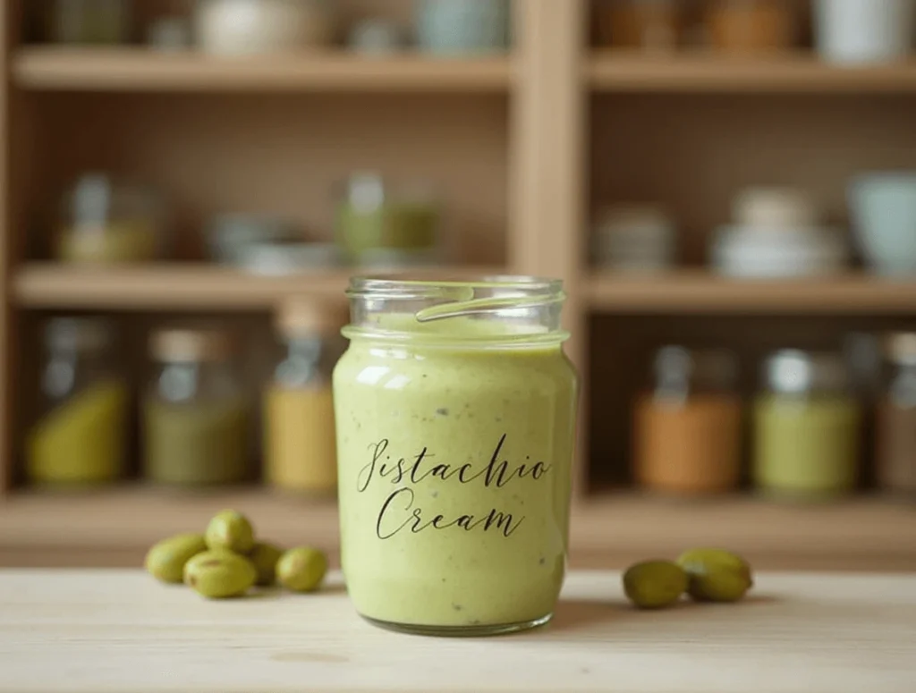 Storing homemade pistachio cream in a jar for freshness and long-lasting flavor.