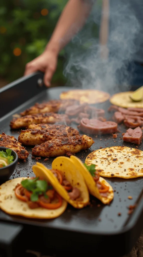 Delicious street tacos filled with seasoned meat, fresh cilantro, onions, and a squeeze of lime, ready to be enjoyed.