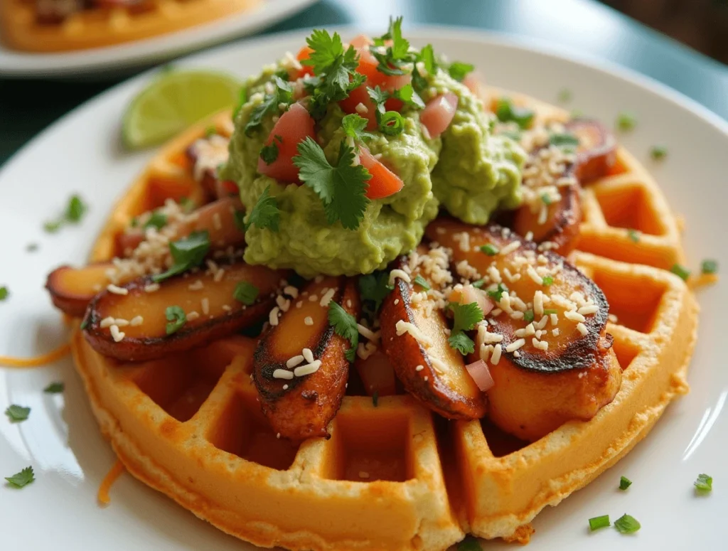 Tex-Mex bubble waffle with spicy chicken, guacamole, and salsa for a savory twist.