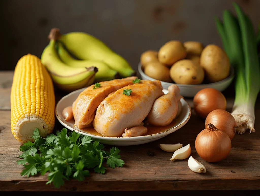 Fresh ingredients for Caldo de Pollo Colombiano including chicken, yucca, plantains, potatoes, cilantro, and garlic.