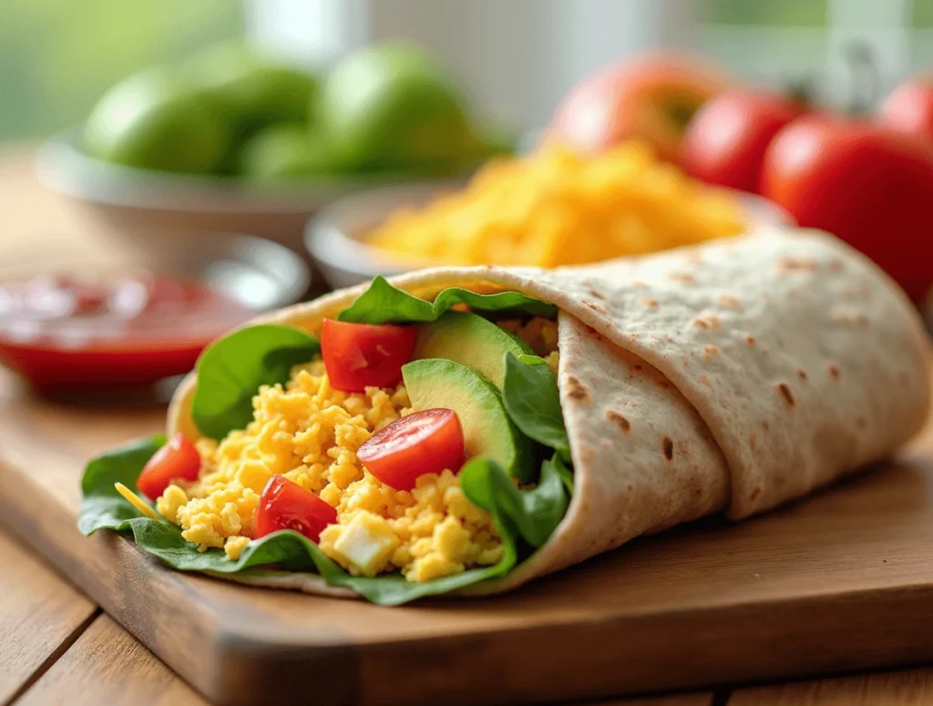 A balanced breakfast featuring Wendy’s Breakfast Burrito served with a side of fresh fruit and a glass of orange juice.