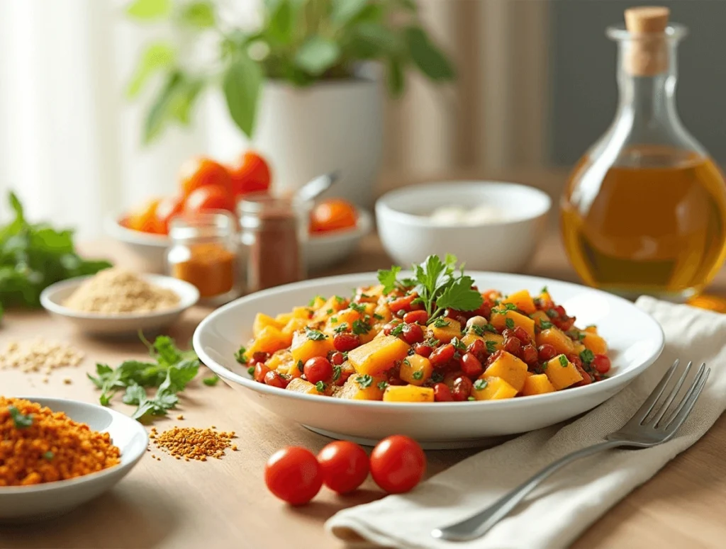 Tips for making a squash and kidney beans recipe healthier, with fresh vegetables, whole grains, and spices displayed on a kitchen counter.