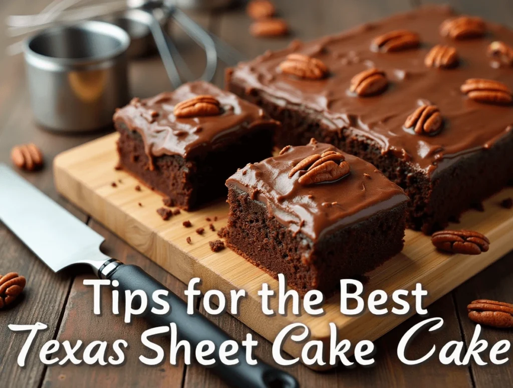 Texas sheet cake with frosting and chopped pecans, showcasing tips for perfecting the recipe.