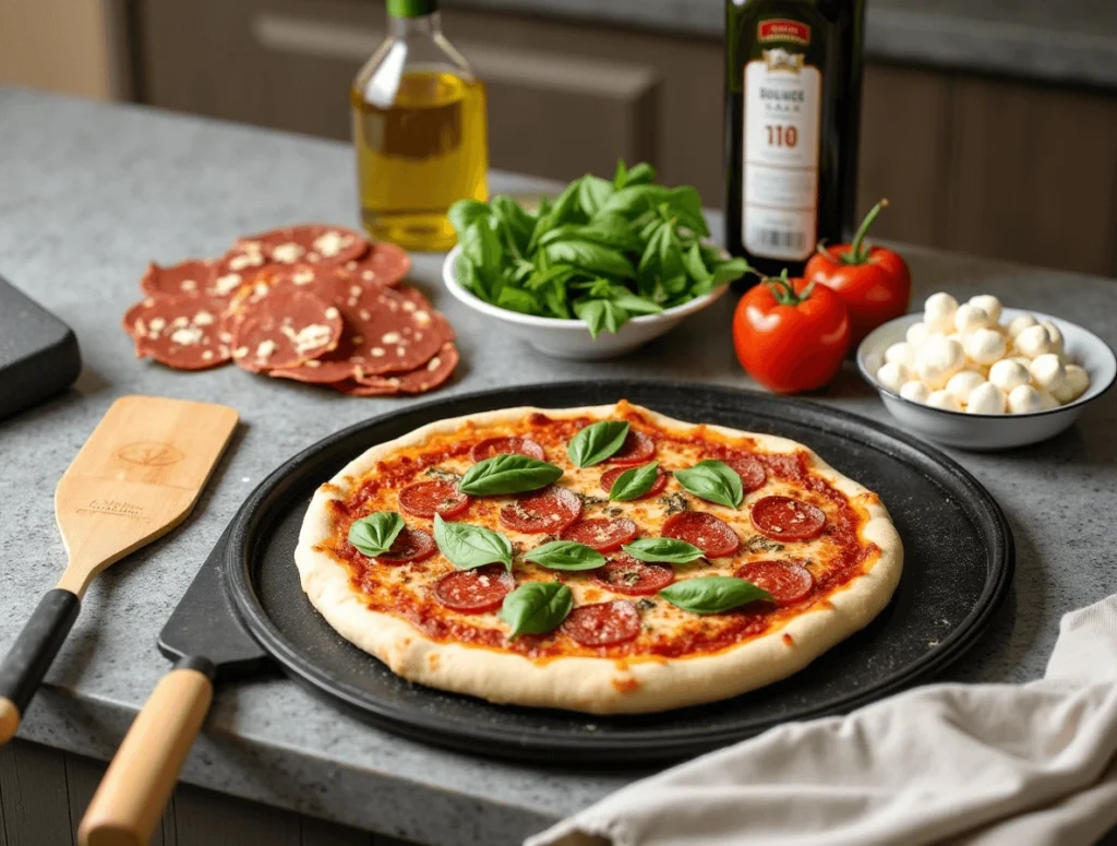 Essential tools and ingredients for making Best Blackstone pizza, including dough, toppings, and a pizza peel.