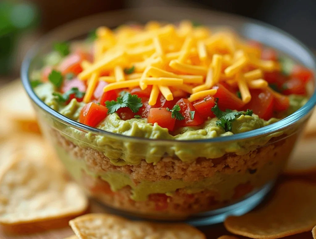 Topping layered taco dip with guacamole, salsa, and shredded cheese.