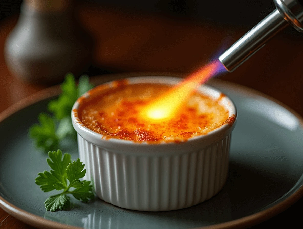 Using a kitchen torch to achieve a golden caramelized crust on Crab Brule.