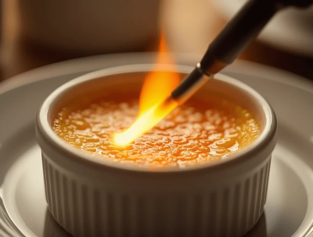 Caramelizing the sugar on crème brûlée using a kitchen torch, creating a golden, crispy topping.