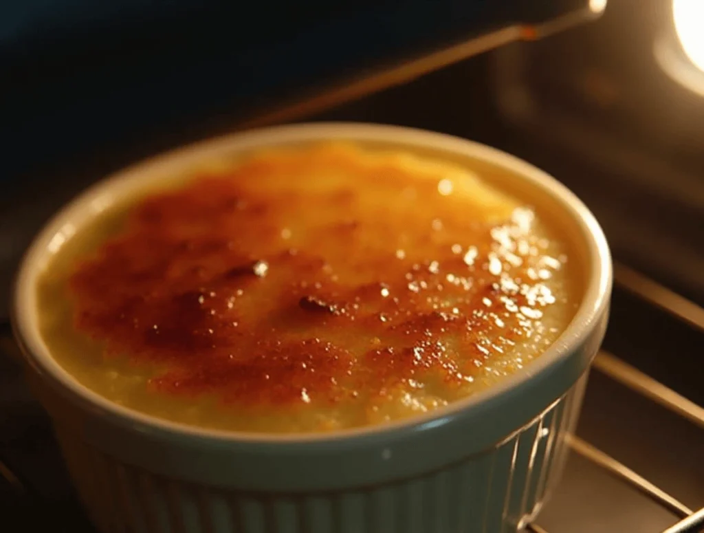 Caramelizing the sugar on crème brûlée under an oven broiler, creating a golden, crispy topping.