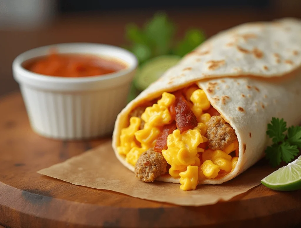 A close-up of Wendy's Breakfast Burrito, unwrapped to reveal scrambled eggs, sausage, melted cheese, and a warm tortilla on a wooden surface.