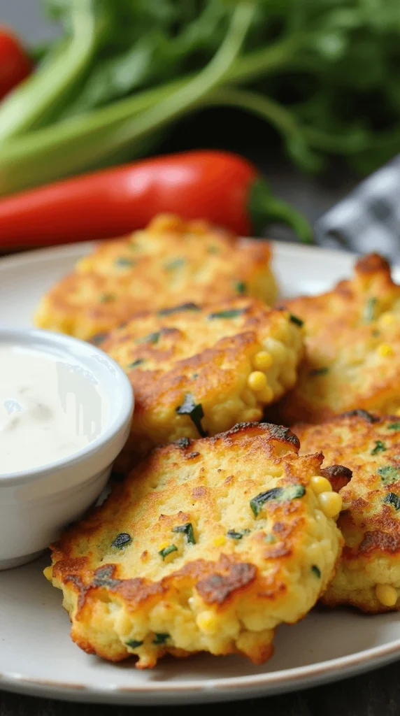 Crispy zucchini and corn fritters served with dipping sauce at a cookout