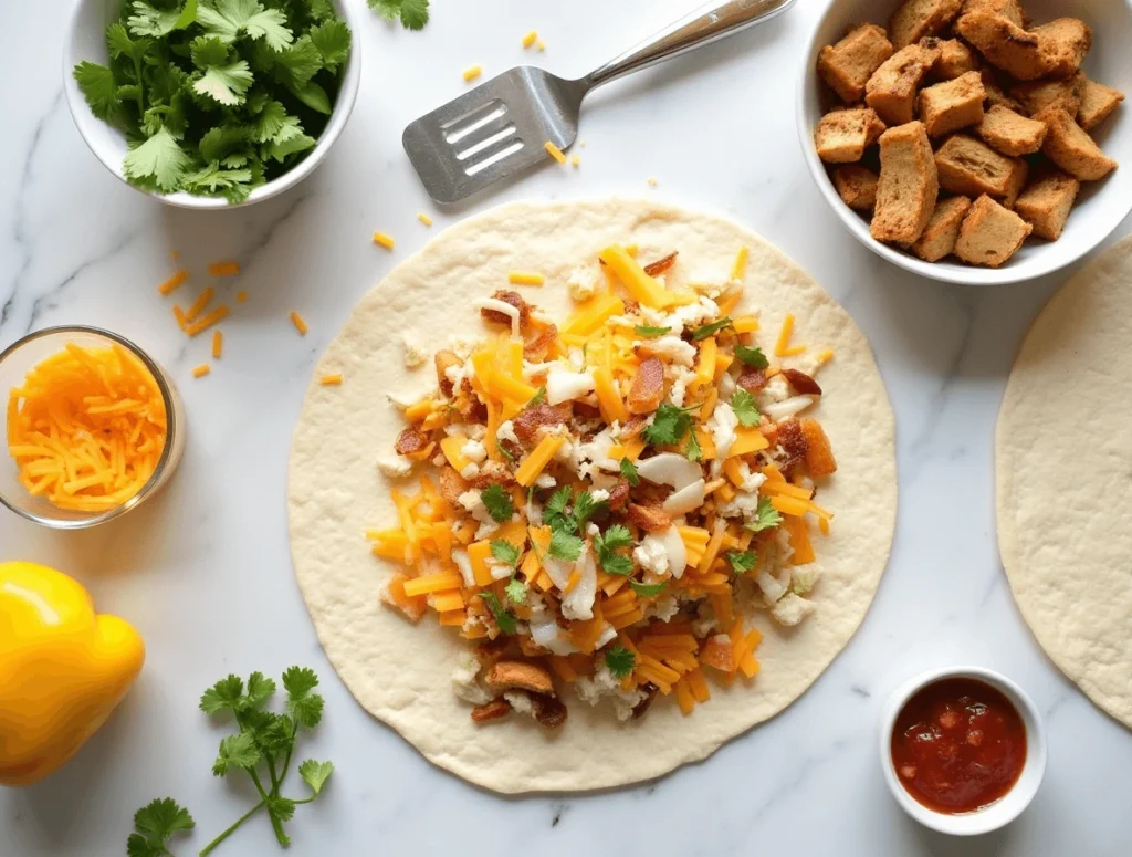 Chicken Quesadilla Recipe: Easy, Cheesy, and Full of Flavor 3 Assembling the chicken quesadilla with cheese, chicken, and vegetables on a tortilla.