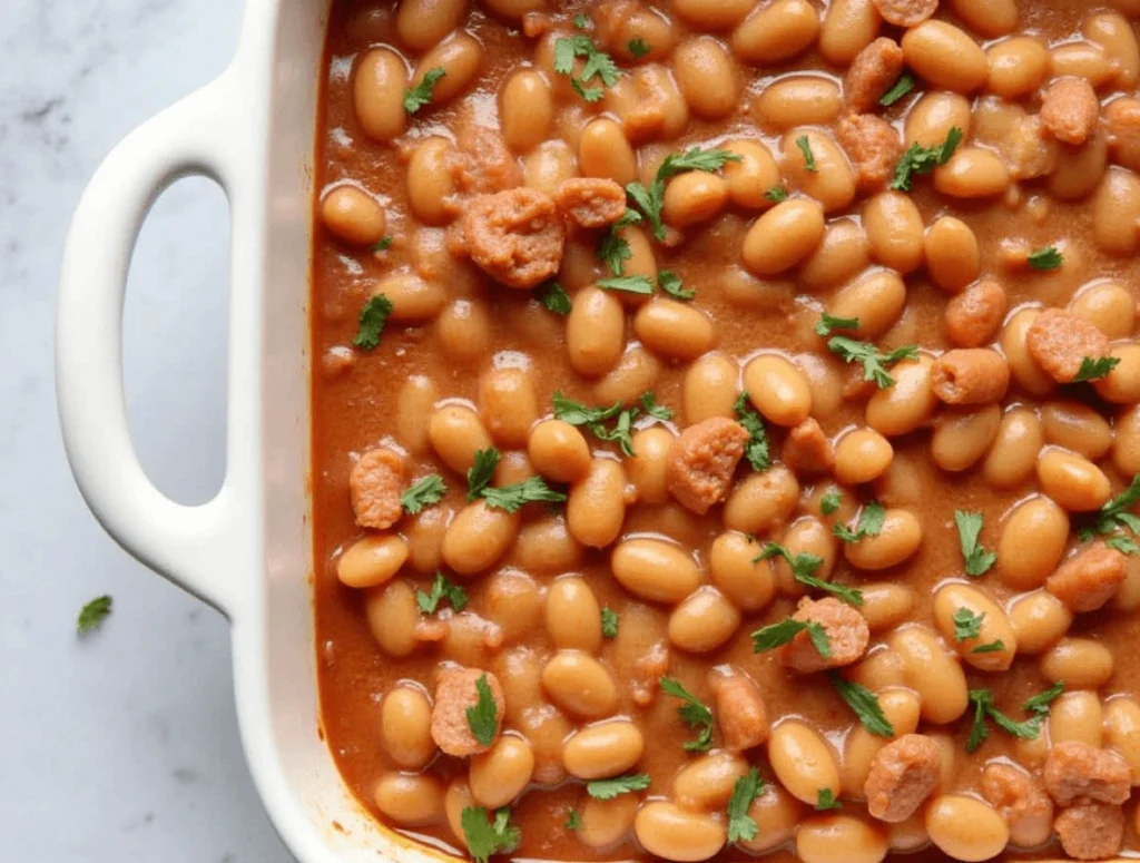 Delicious homemade baked beans served in a rustic bowl, perfect for BBQs.