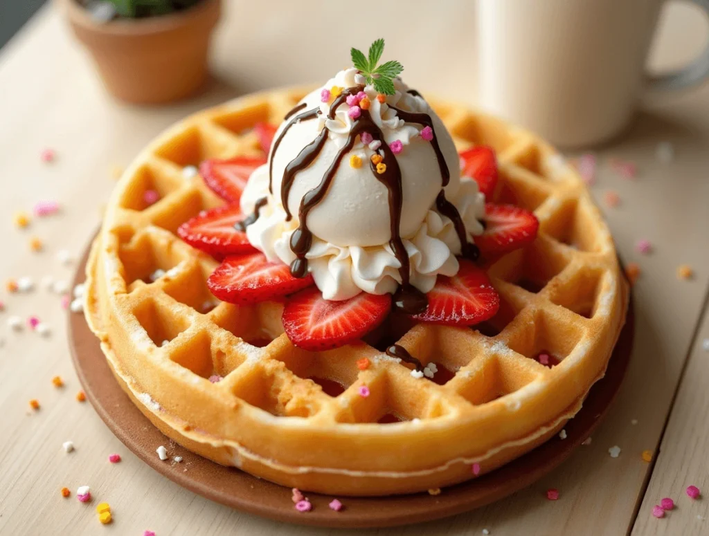 Golden bubble waffle topped with sweet toppings like ice cream, fruit, and chocolate sauce.