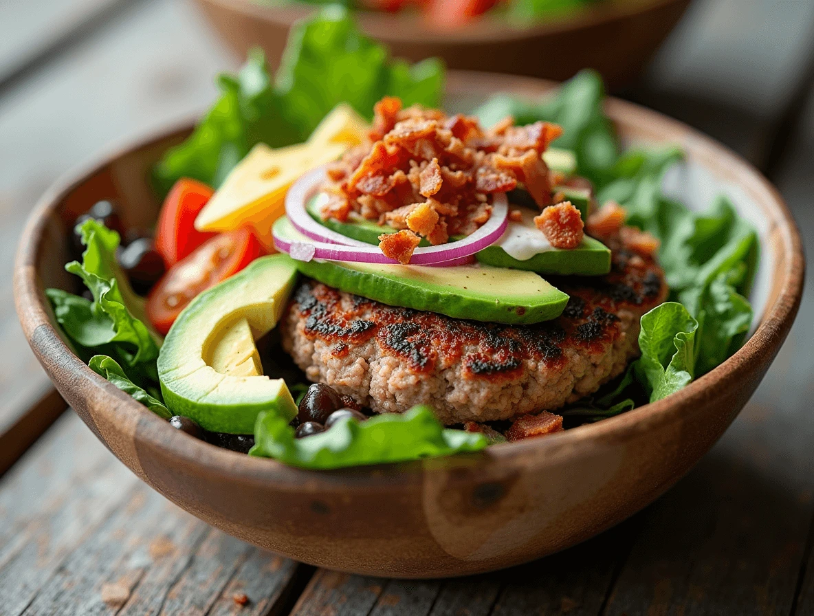 Healthy burger bowl with fresh vegetables, cooked burger patty, avocado, cheese, and a drizzle of creamy dressing