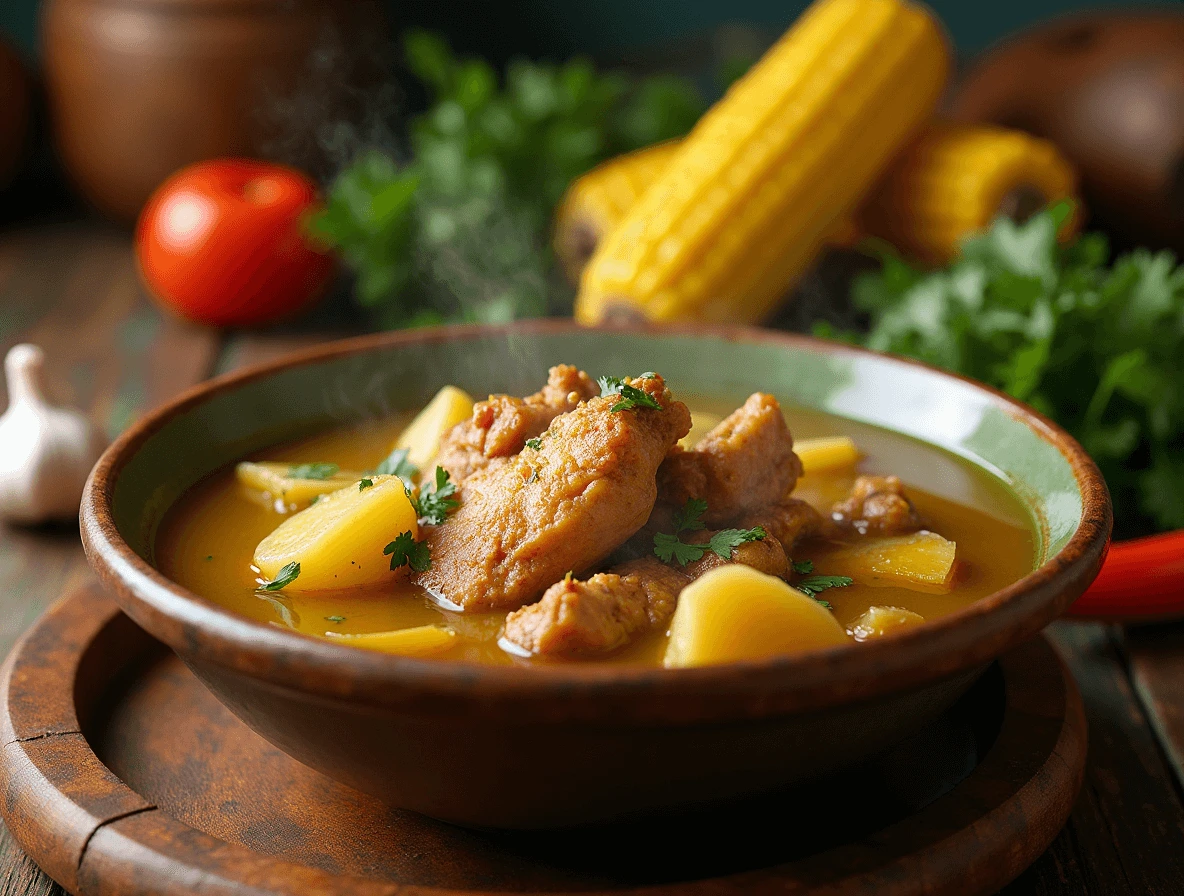 Traditional Caldo de Pollo Colombiano with chicken, potatoes, yucca, plantains, and cilantro, served with rice and avocado.