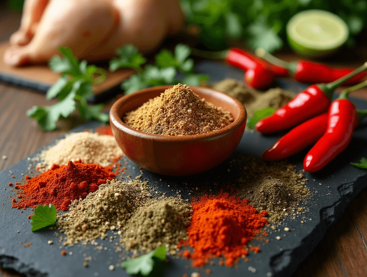 Caldo de Pollo seasoning blend in a bowl with fresh ingredients like garlic, onion, and herbs.