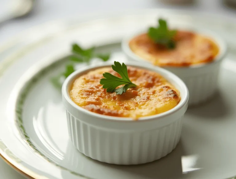 Crab Brule with a golden caramelized crust topped with fresh herbs in an elegant ramekin.