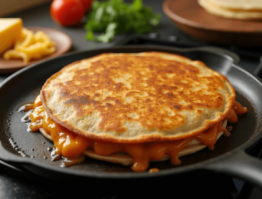 Chicken Quesadilla Recipe: Easy, Cheesy, and Full of Flavor 4 Cooking the chicken quesadilla in a skillet until golden brown and crispy.