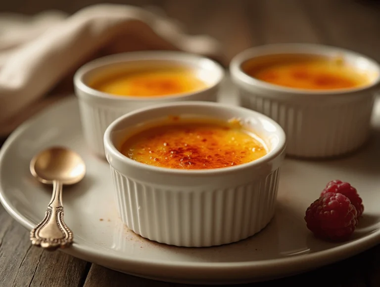 Classic crème brûlée in a white ramekin with a caramelized sugar crust, served with a spoon and garnished with fresh berries.