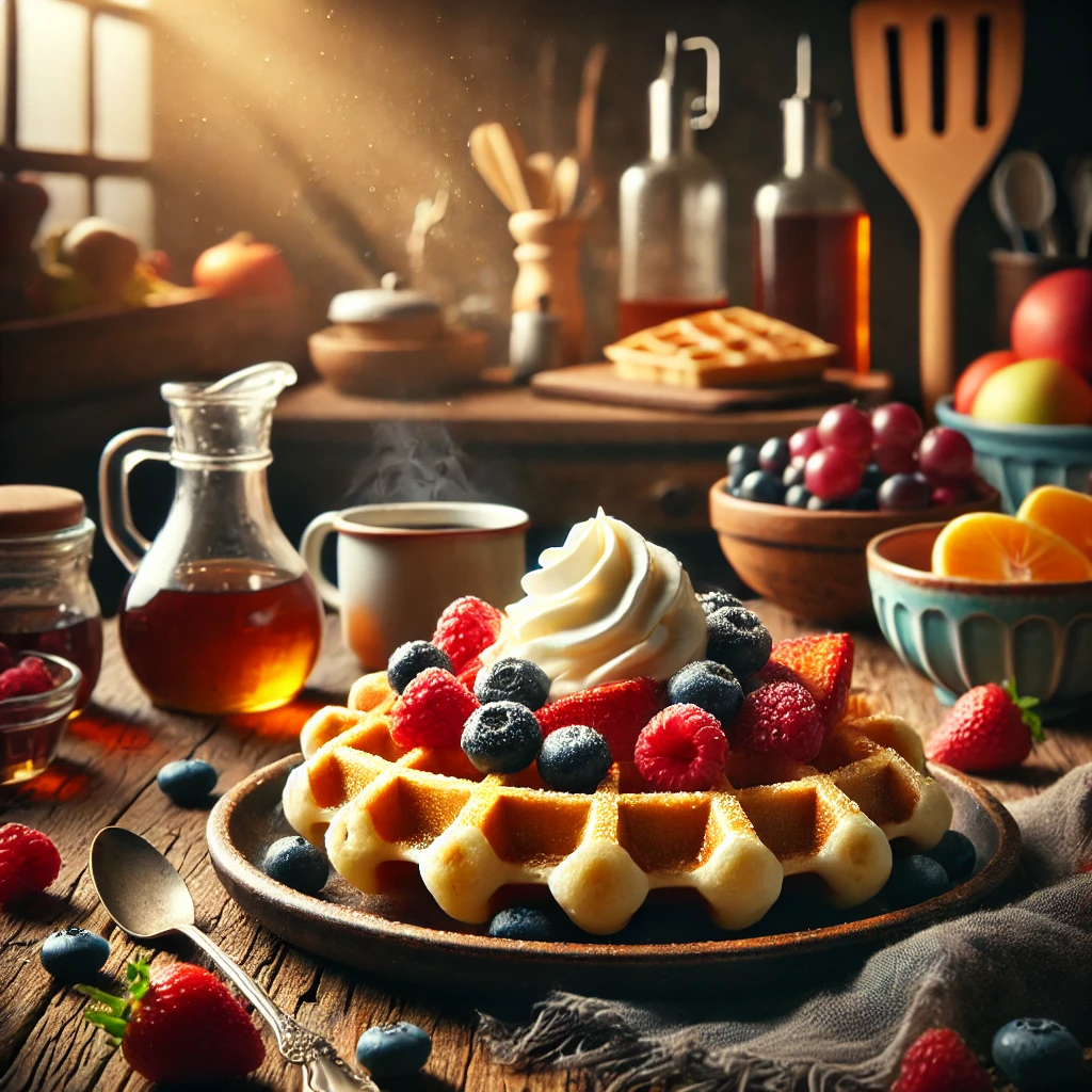 Golden crispy frozen waffles served with fresh fruit, whipped cream, and a cup of coffee