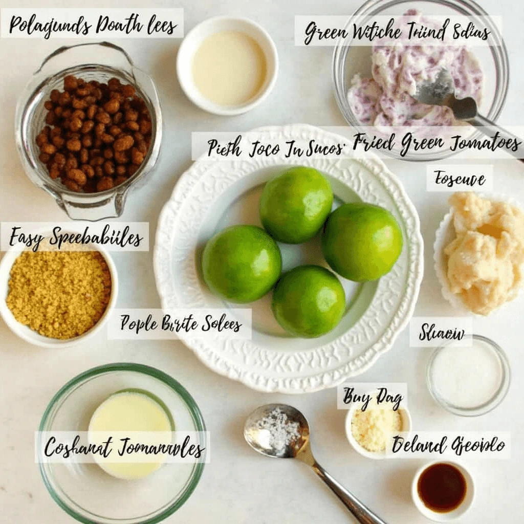 "Ingredients for Fried Green Tomatoes: green tomatoes, cornmeal, flour, buttermilk, and seasonings.
