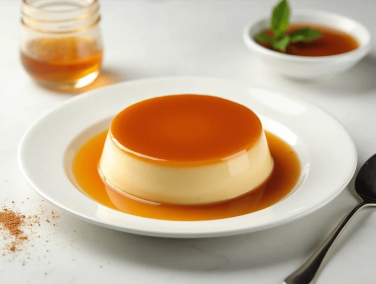 Creamy homemade flan Recipe with a rich caramel topping, ready to be served.