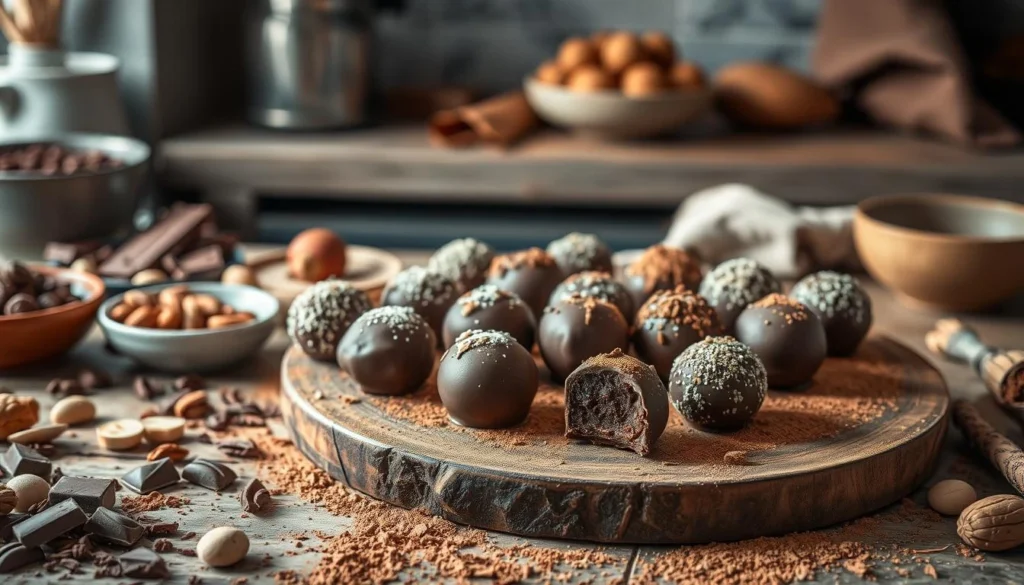 Homemade chocolate truffles dusted with cocoa powder, arranged on a plate.