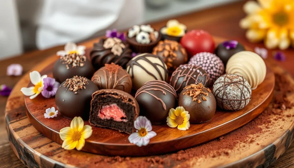 Assorted chocolate truffles arranged on a platter, dusted with cocoa powder and garnished with chocolate shavings.