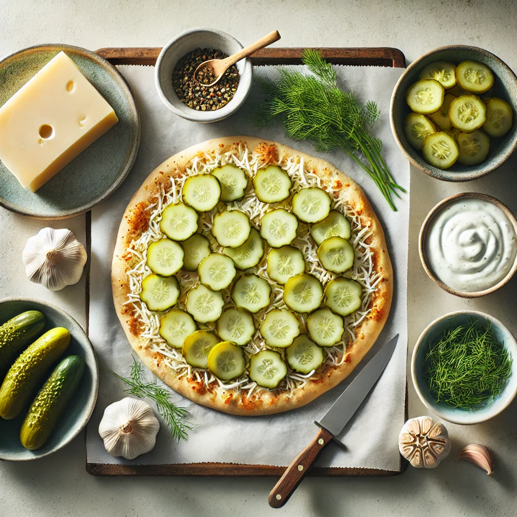 Ingredients for making Pickle Pie Pizza, including pickles, mozzarella cheese, pizza crust, ranch sauce, and fresh dill.