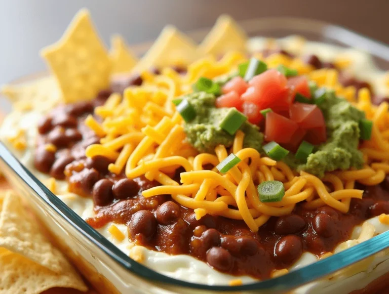 Layered taco dip with colorful ingredients like refried beans, guacamole, sour cream, salsa, cheese, and diced tomatoes served with tortilla chips.