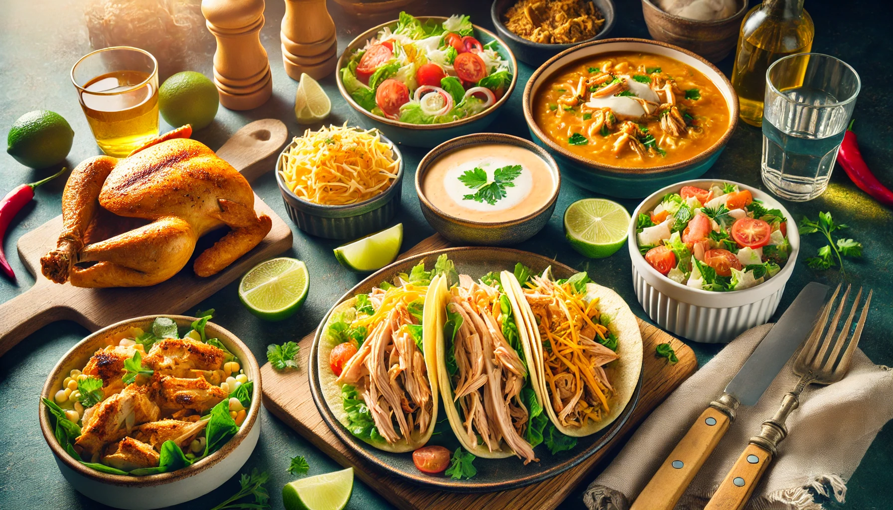 A vibrant spread of creative leftover rotisserie chicken dishes, including tacos, a fresh salad, hearty chicken soup, and a casserole, all presented on a rustic wooden table