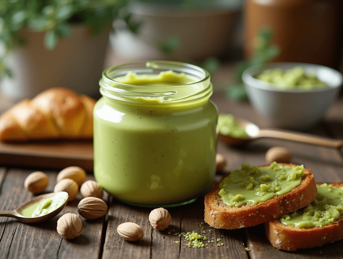 A jar of homemade pistachio cream with a rich green color, perfect for spreading on toast or using in desserts.